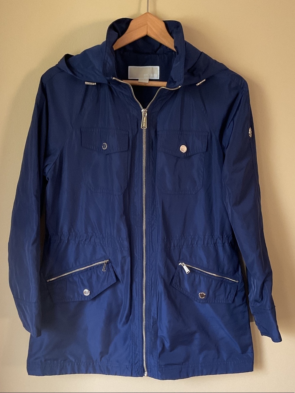 Michael Kors Navy Hooded Admiral Rain Jacket with Gold Hardware Size M